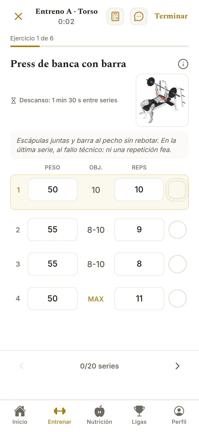 Entreno en la app: press de banca con sus series, pesos y repeticiones