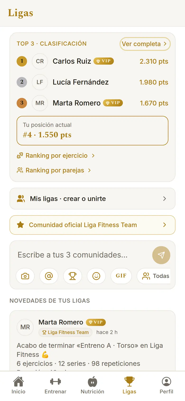 Ligas en la app: top 3 de la clasificación y tu posición