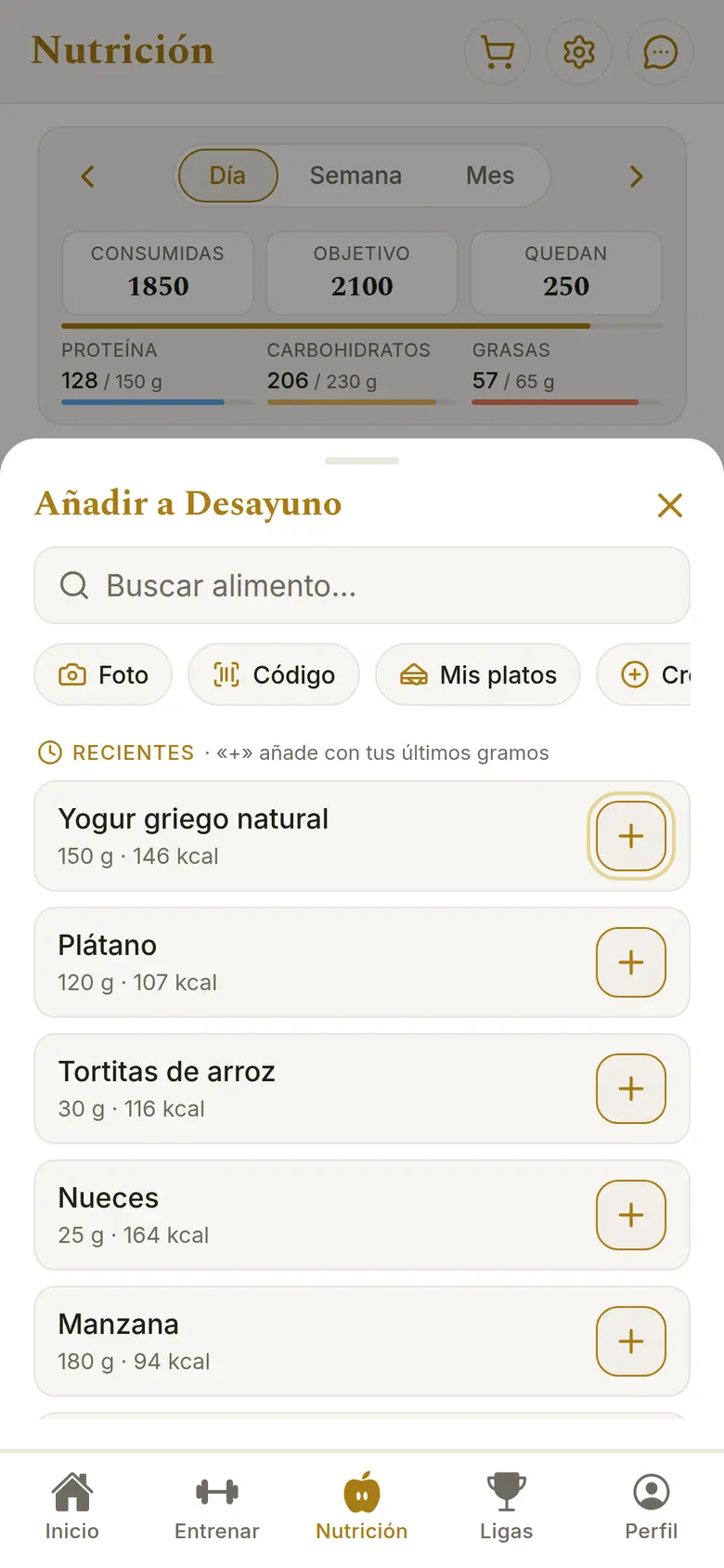 Añadir una comida en la app: foto, código de barras, mis platos y recientes