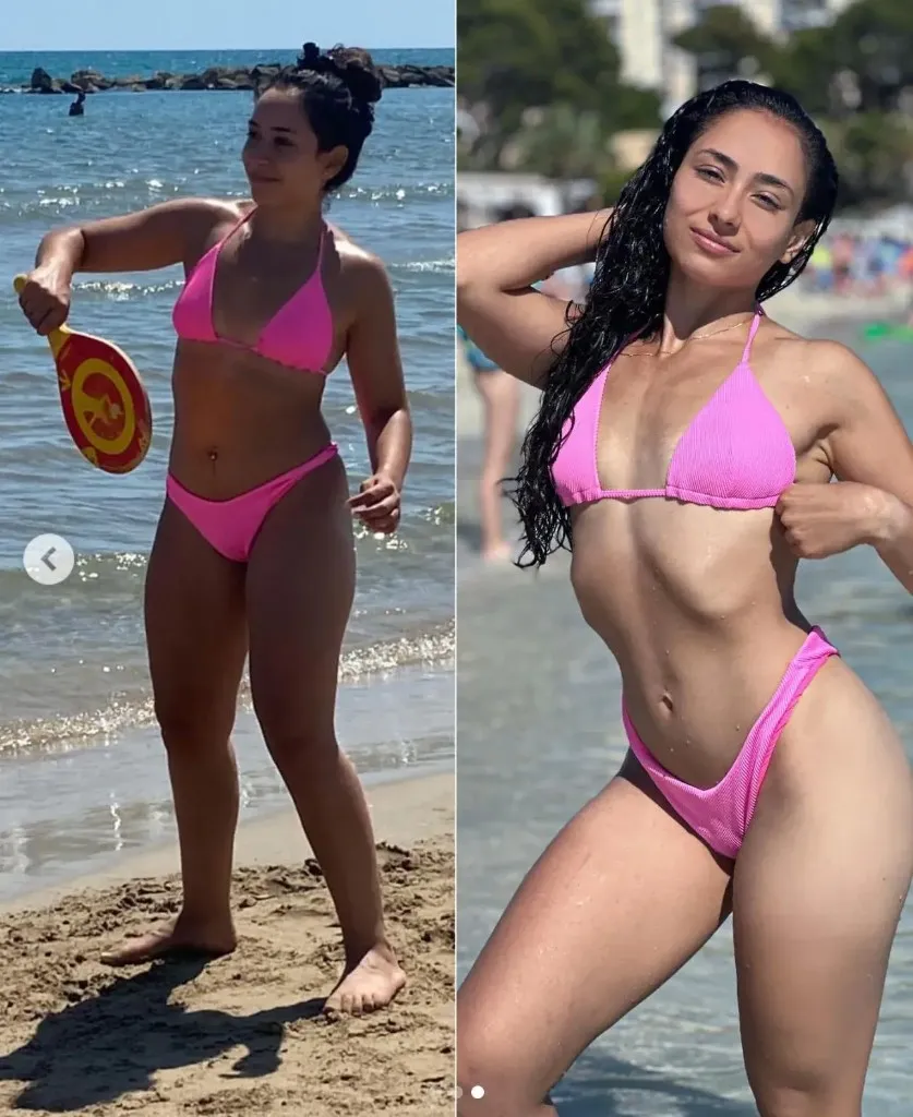 Transformación de una mujer en la playa con mayor tonificación