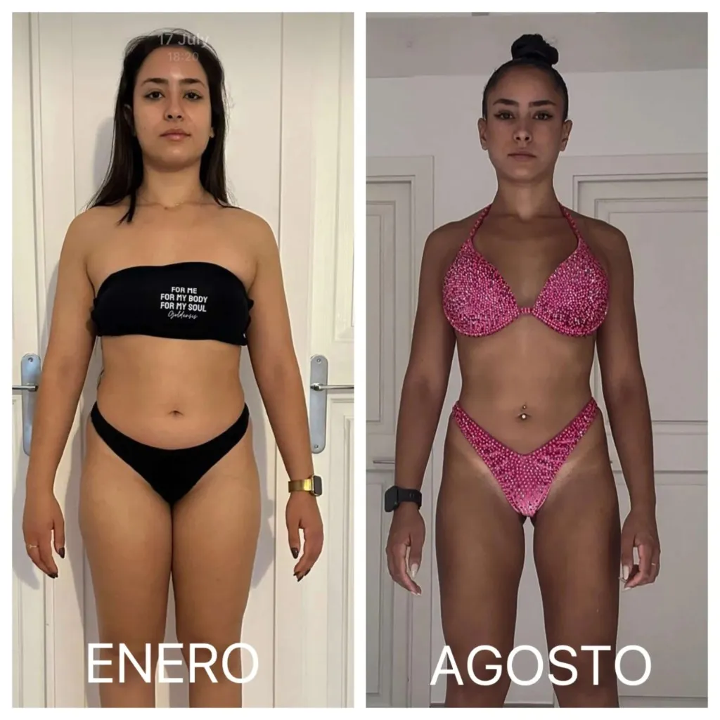 Transformación de enero a agosto de una clienta en bikini de competición